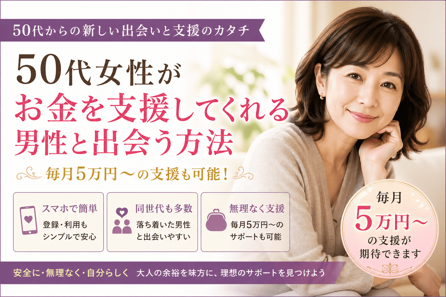 50代女性がお金を支援してくれる男性と出会う方法（毎月5万円～）